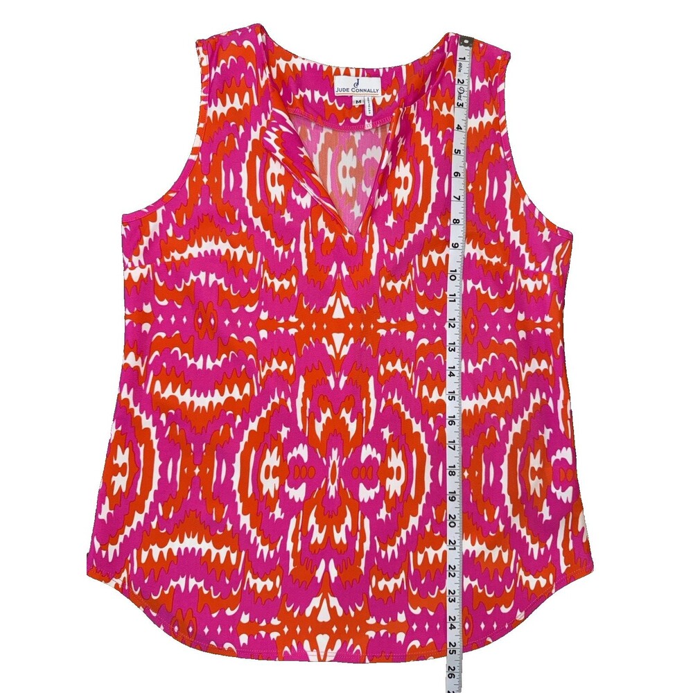 Jude Connally Pink Orange Ikat Sleeveless V-Neck Stretch Knit Top Made In USA  M - Picture 11 of 11